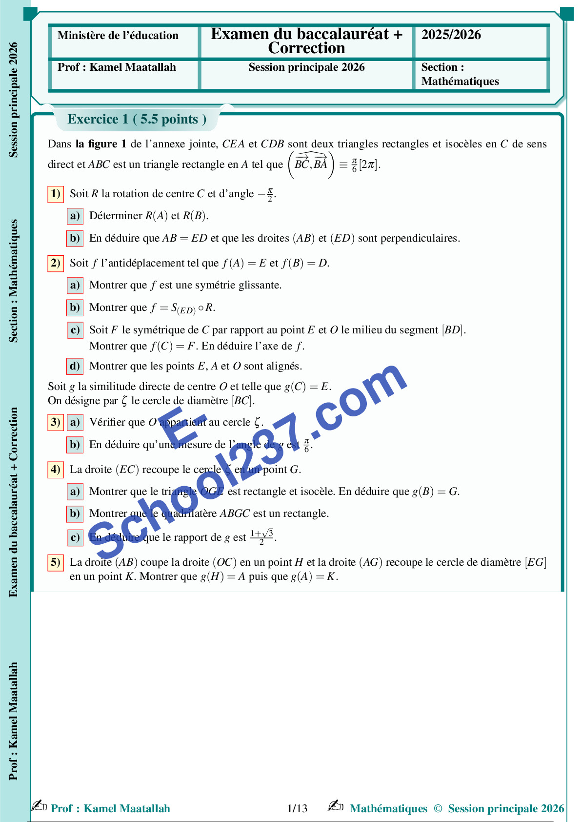 Maths Bac C 2026 sujet et Corrige Tunisie